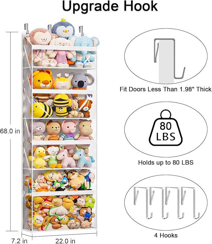 Heavy Duty Stuffed Animal Storage, 4-Tier Clear Extra Large Over The Door Organizer for Stuffies, Baby Ideas Holder, Toy Plush Hanging Organizer Big Girls Toddler Bag Animals Stuffy, White