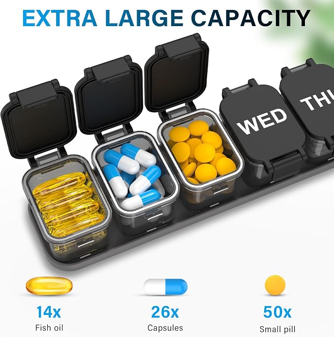 Extra Large Weekly Pill Organizer with 7 Detachable Compartments | XL Pill Organizer, Portable Medicine Pill Organizer for Supplements, Daily Pill Case for Home and Travel