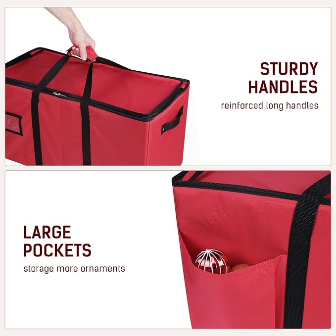 Lambada Christmas Ornament Storage Box, Durable Christmas Storage Container with Adjustable Dividers, Xmas Decorations Organizer – Fits 128 Holiday Ornaments 3 inch – Tear-Proof Fabric (Red)