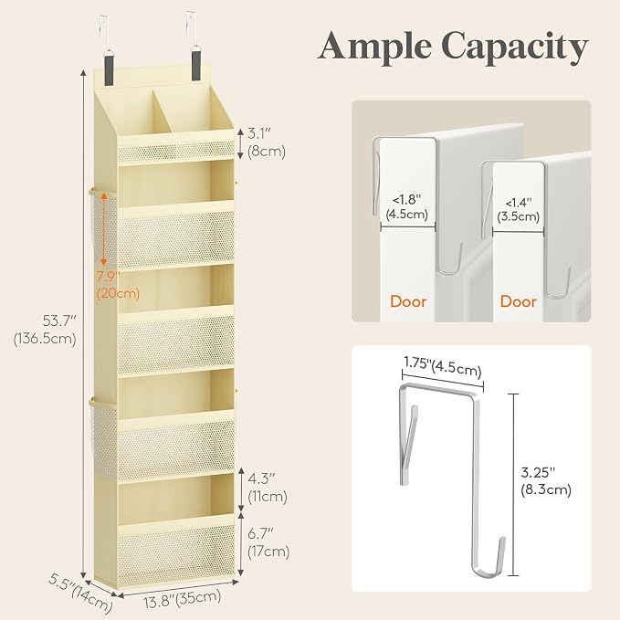Lifewit 5 Tier Over the Door Organizer, Diaper Hanging Storage, Beige | Nursery Sturdy Large Heavy Duty Back of Door Shelf with 4 Mesh Side Pockets, for Baby Stuff Toy in Pantry, Laundry, Bathroom