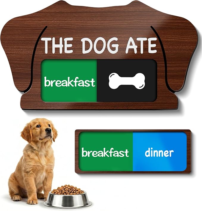 Dog Feeding Reminder Sign, Magnetic Pet Fed Schedule Chart with Slider, Breakfast & Dinner Tracker for Fridge, Prevent Overfeeding, Unique Dog Ear Shape Acrylic Sign, 5.5" x 3", Walnut