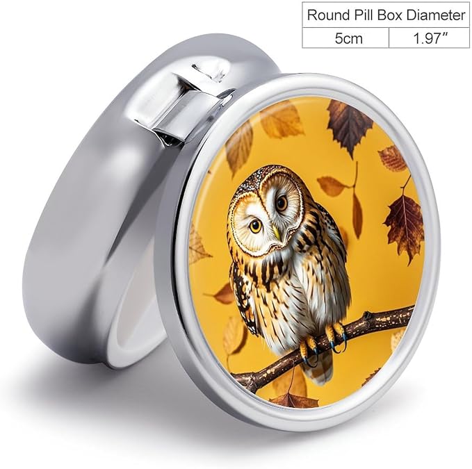 3 Compartment Medicine Pill Case, Owl Branch Round Pill Box, Portable Decorative Medicine Organizer for Pocket Or Purse Vitamin Organize