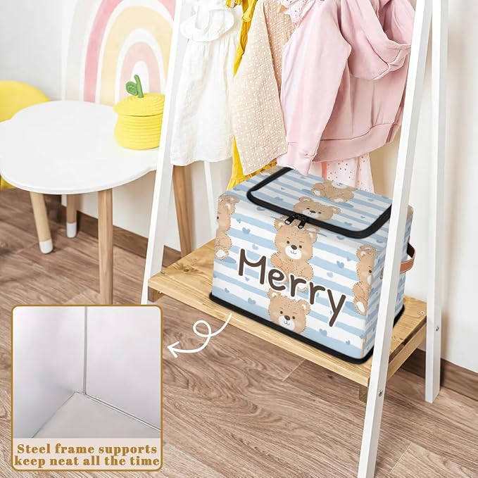Custom Cute Bear Storage-Bin With Zipper Lid for Kids-Girls-Boys-Baby-Pet,Personalized Name Foldable Storage Box with Handle,Baby Basket With Label for Bedroom Nursery Toy Clothes,White Blue Stripe