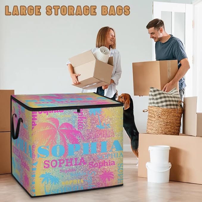 Personalized Storage Bags with Lid Large Blanket Clothes Pink Blue Yellow Palm Trees Colorful Glittering Storage Containers for Comforters,Bedding, Foldable Organizer with Reinforced Handle