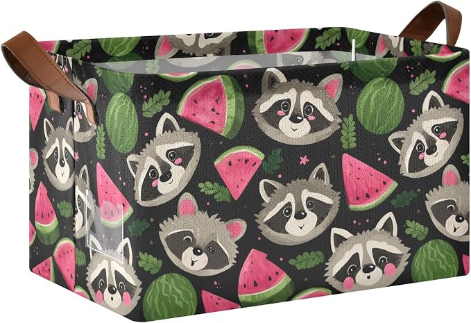 Cute Raccoon with Watermelon Storage Basket Foldable Cube Storage Bins with Handles&Label Waterproof Collapsible Organizer Box Bin Large Rectangle Decorative Baskets for Shelves Home Room Laundry