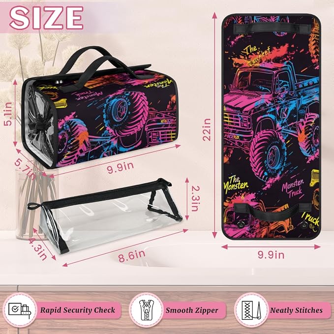Monster Truck Makeup Bag for Women Hanging Roll-Up Travel Organizer Toiletry Kit with 4 Removable Compartments, Cartoon Cars