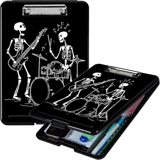 Heavy Duty Storage Clipboard, Slim Nursing Clipboard with Internal Pen Case, Portable File Organizer Case for A4 Letter Size Paper Office Medical Professionals, Guitar Skull