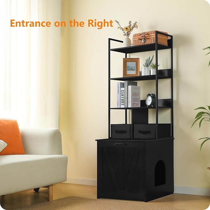 Dwanton Cat Litter Box Enclosure, 3 Storage Shelves and 2 Drawers, 61.8" H | 2-in-1 Hidden Cat Litter Box Enclosure Furniture with Shelf, Metal Frame, Reversible Entrance, Washable Drawers, Black