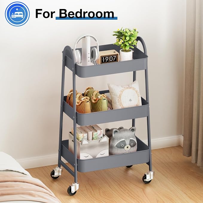 OLIXIS Metal Rolling Storage Utility Cart with Lockable Wheels 3 Tiers | Mobile Organizer Shelf, Space-Saving, Freestanding, Bathroom, Living Room, Slim, Narrow Corner Spaces, Gray