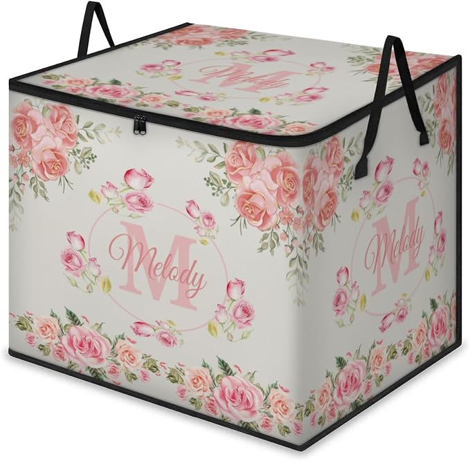 Custom Name Comforter Storage Bin with Lid, Personalized Initial Letter XL Storage Basket with Handles Zippers for Organizing Blankets, Bedding Closet Shelf Baskets, Pink Rose Floral