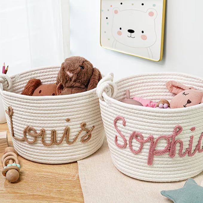 Personalized Cute Small Woven Basket with Handles, Custom Cotton Rope Room Shelf Storage Basket, Empty Decorative Gift Basket, Decorative Round Bin for Nursery Bedroom Bathroom (Style E)