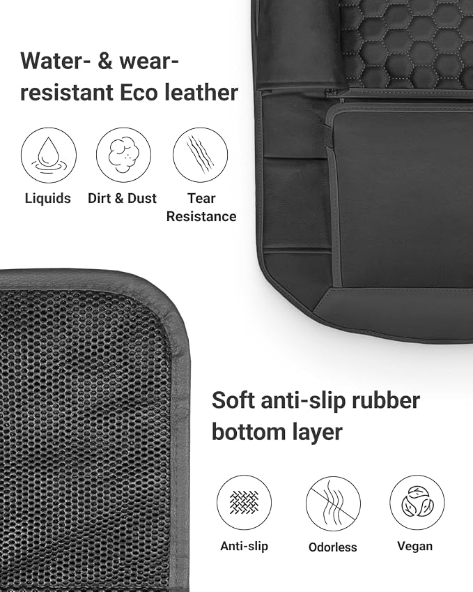 Owleys Back Seat Organizer for Kids with Tablet Holder, 8 Pockets, Black | Hanging faux leather car backseat organizer with a clear tablet pocket. Doubles as a kick mat. Needs removable headrests.