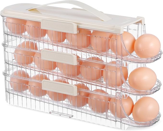Uonlytech Automatic Rolling Holder Fridge Triple Stackable Organizer Lid Space Saving Refrigerator Storage Tray Kitchen