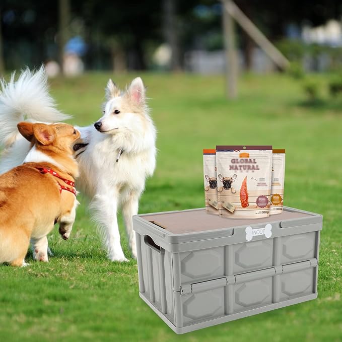 Outdoor Dog Toy Bin wtih Handles,Collapsible Dog Stuff Organizer Portable,Pet Storage Basket with Wood Cover for Dog Toys/Snack/Camping Essentials,Ideal for Car Trunk,RV Trip,Picnic-Gray