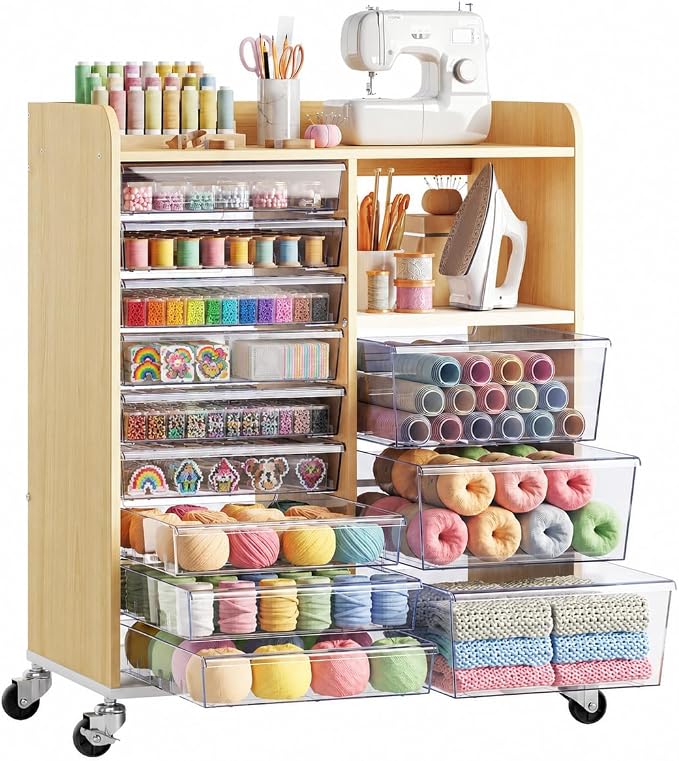 12-Drawer Storage Cabinet with Wooden Top,Open Shelf, Wood Grain | Storage Furniture System with PET Clear Drawers, Lockable Wheels, for Craft Room, Makeup Vanity, Kids & Home Organization