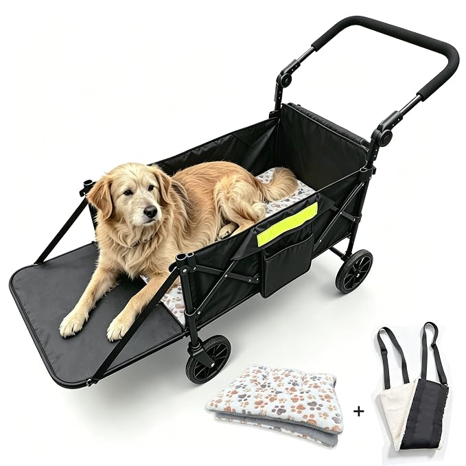 Dog Wagons for Large Senior Dogs with Thick Mat & Lift Harness,Dual-Entry | Foldable & Extendable Elderly Dog Stroller,Heavy Duty Dog Cart Upto 140lbs,Front and Rear Access No-turnaround Needed