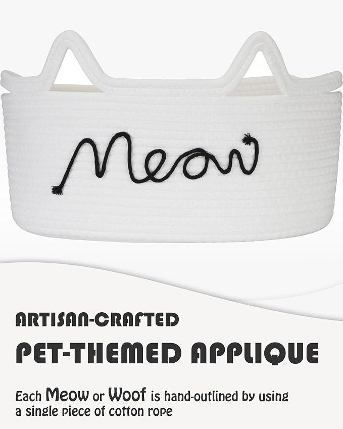Sea Team Cat Toy Storage Basket with Handles and Ears, White Meow | Large Cotton Rope Storage Bin, Shelf Basket, Organizer for Pet Chew Toys, Foods, 16.5 x 11 x 7 Inches, 4.4 Gallons