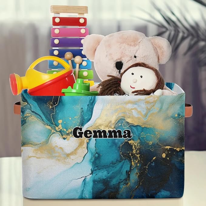 Personalized Storage Bins, Customized Name Storage Basket Rectangle Clothes Organizer for Organizing Kids and Pets Toys Shelf Closet, Blue Cream Marble Texture