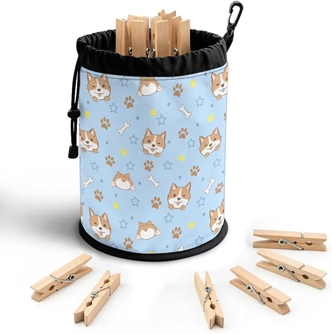 Clothespin Storage Bag with Hooks & Drawstring Closure Corgi Pet Paw Space Saving Organizer for Clothes Pins, Hangs on Clothesline/Drying Rack