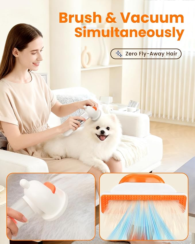 Vacuum Dog Brush for Shedding, 4-in-1 Self-Cleaning Slicker & Undercoat Rake, Deshedding Grooming Tool, Anti-Static, Massage & Combing All In One! (White)