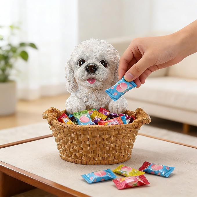 White Poodle Candy Bowl, Resin Dog Figurine Key Bowl for Entryway Table, Desktop Storage Basket Organizer for Desk, Unique Dog Lover Gift