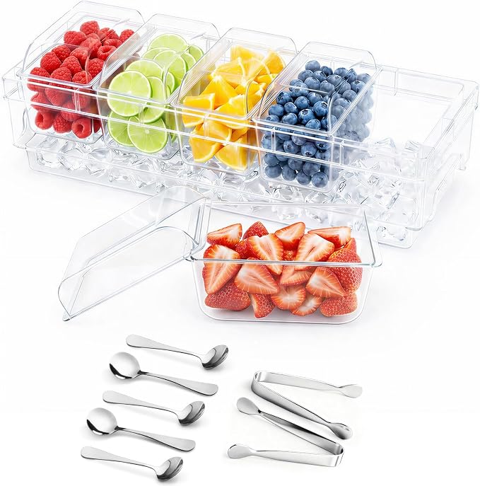 Lifewit Chilled Condiment Caddy with Stainless Steel Spoons & Tongs | Handle Design, 5 Individual Fridge-Safe Compartments, Ice Condiment Caddy & Garnish Tray for Taco, Mimosa, Dirty Soda Bar