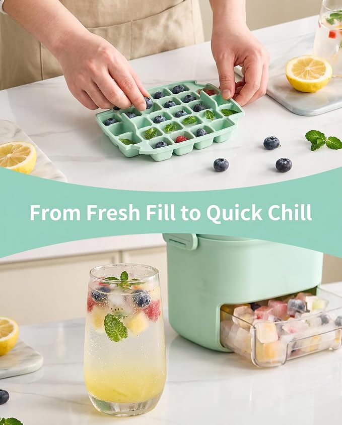 Press-Type Ice Cube Tray 52-Grid Mold with Storage Bin, Mint Green | Food-grade PET, odor-free lid, portable handle, includes scoop, easy release, for freezer, home bar, whiskey, cocktails