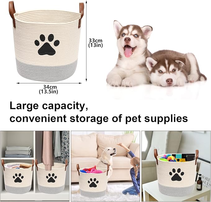 Cotton rope dog toy basket, puppy bins, laundry basket blanket storage bin - Perfect for organizing pet toys, blankets, leashes White Gray