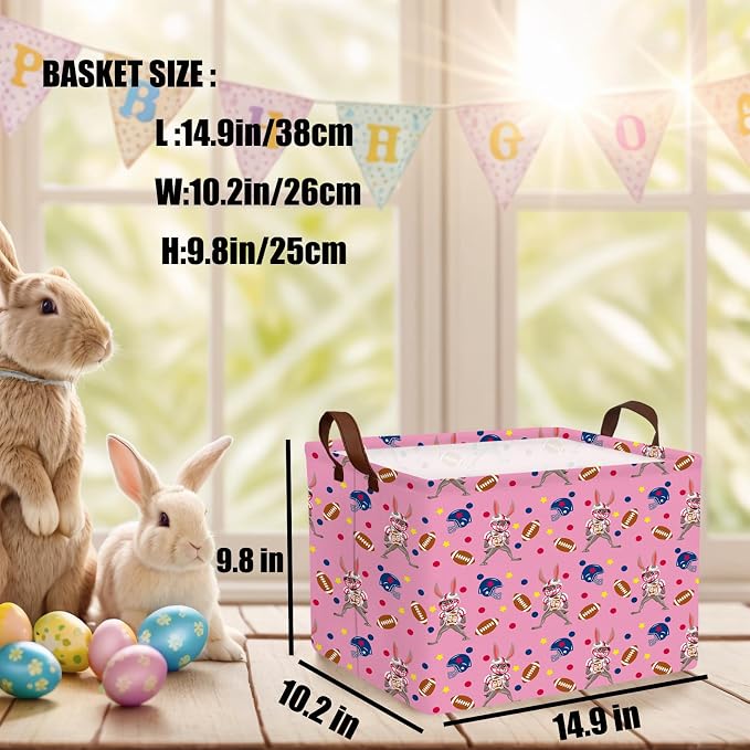 Large Cute Easter Basket for Kid Empty Gift Baby Rectangle Storage Bin Bunny Eggs Boy＆Girl Room Décor (Rabbit Rugby Pink)