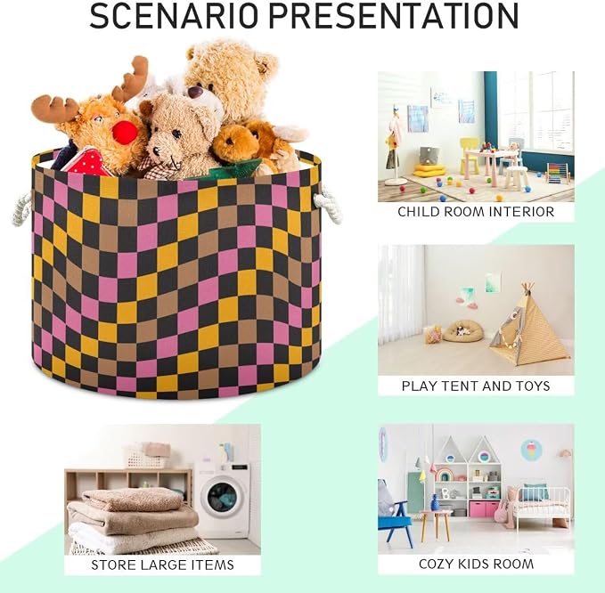 Wavy Checkered Print Collapsible Round Storage Basket with Handles | Colorful Retro Plaid Large Laundry Baskets Hamper, Clothes Organizer Bin for Bedroom Living Room Decor, 20x 20x 14 Inches