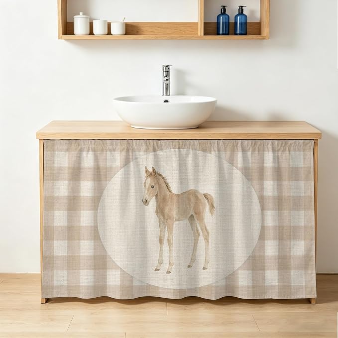 Graceful Pony Cabinet Curtains 28"x51" Sink Skirt for Bathroom Kitchen, Retro Natural Horse Farmhouse Plaid Rustic Self Stick Adhesive Under Desk Covers Tall Laundry Cabinet Storage Organizer