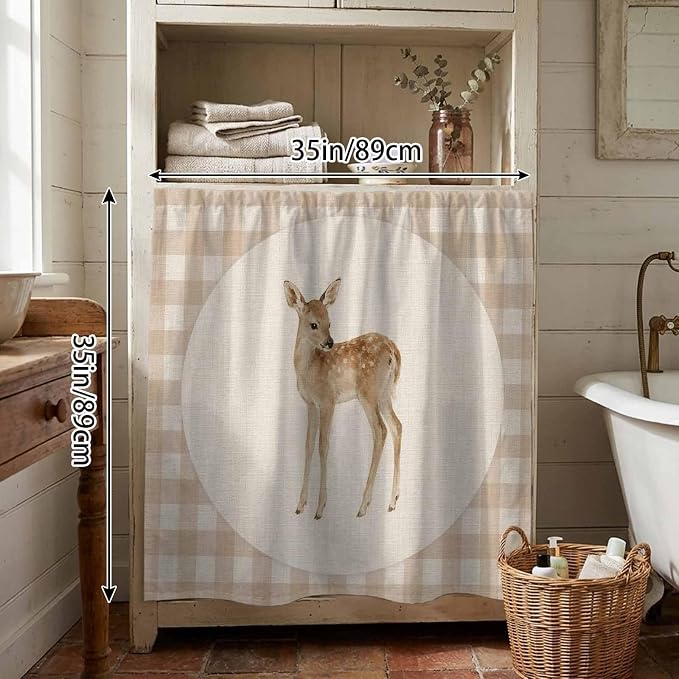 Resting Fawn Cabinet Dishwasher Hidden Curtains, Privacy Closet Door Curtain, Retro Natural Animals Farmhouse Plaid Adhesive Dust Proof Under Sink Skirt for Bathroom Kitchen 35"x35"