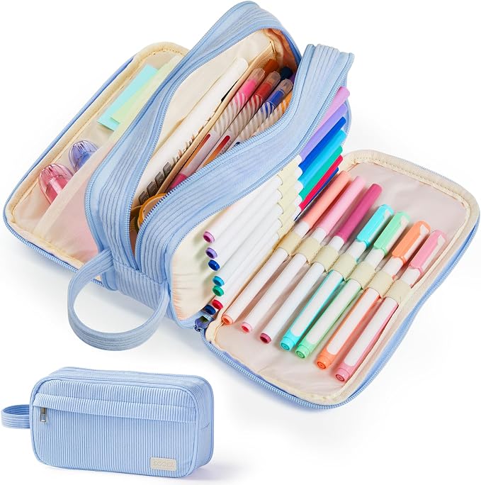Sooez High Capacity Pencil Case, Soft Corduroy Pencil Pouch | Large Pencil Bag with 4 Compartments, Sturdy Zipper, Cute Pencil Case Pouch Organizer for Student Teen Girls, Blue