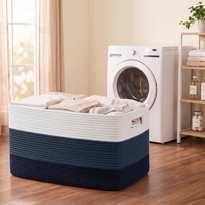OIAHOMY 108L Extra Large Blanket Basket Dog Toy Basket Gradient Blue | Rectangle Woven Baskets for Storage Cotton Rope Basket For Living Room Toy Storage Blanket Storage Laundry Basket
