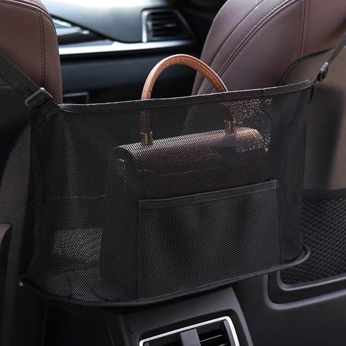 ZIMISI Car Net Pocket Handbag Holder, Auto Storage Organizer Between Front Seats, Large Capacity Vehicle Driver Storage Netting Pouch, Pet/Kids Car Barrier Accessories for Purse, Document (Black)