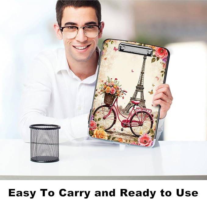 A4 Clipboard with Storage Pen Holder, Clipboards Organizer Nursing Clipboard Foldable File Folder Plastic Clipboard Folio Clip Board for Office Work Classroom Doctor, Bicycle Leaning Tower