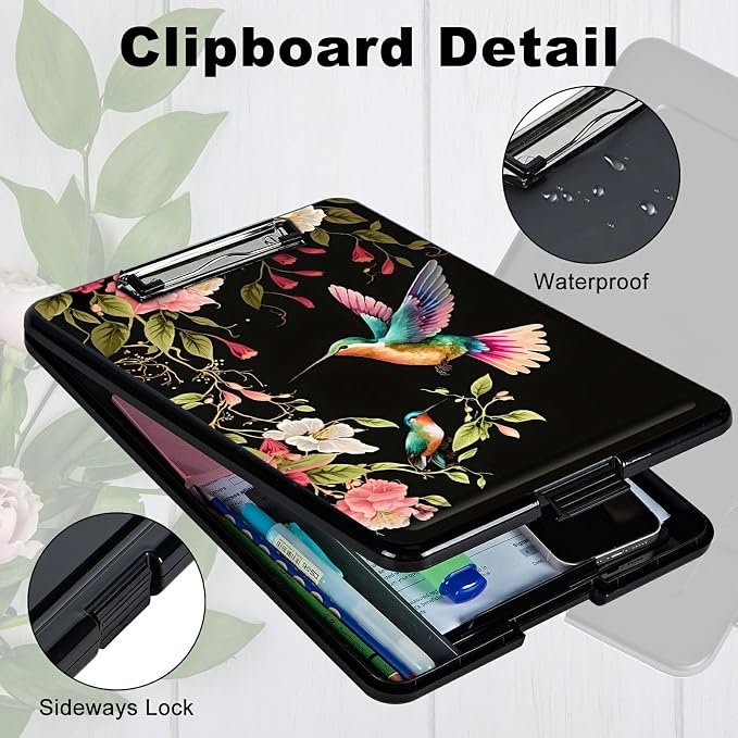 A4 Clipboard with Storage Pen Holder, Clipboards Organizer Nursing Clipboard Foldable File Folder Plastic Clipboard Folio Clip Board for Office Students Classroom Doctor, Flower Hummingbird