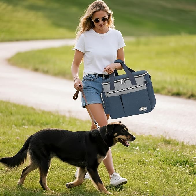 Dog Travel Bag for Pet Kit for Supplies with 2 Food Storage Containers 2 Collapsible Bowls 1 Feeding Mat 1 Dog Treat Pouch 7-Piece Set Perfect Road Trips Camping Weekend (Navy Blue)