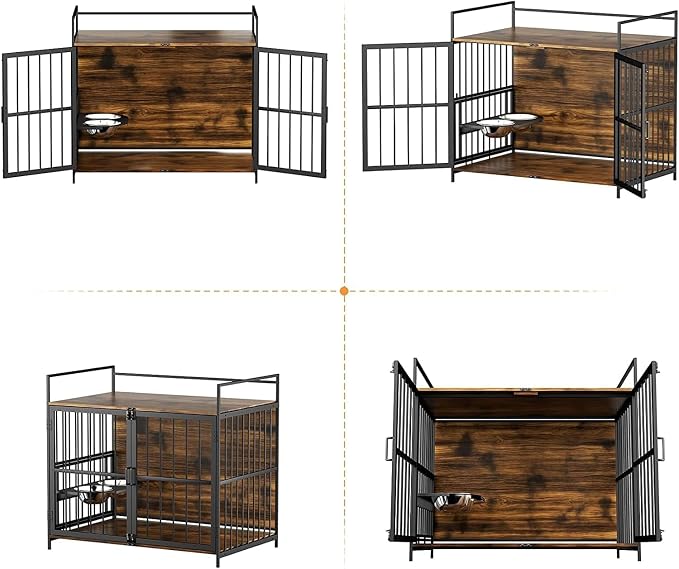 ROOMTEC 41 Inch Dog Crate Furniture, Indoor Kennel End Table | Steel-Tube Frame, Storage Top, Adjustable 360°Rotating Feeder, 2 Stainless Steel Bowls, With Pad, For Medium dog