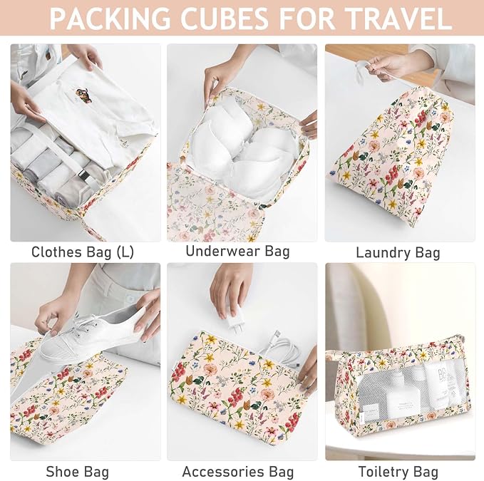 KPX 8 Set Packing Cubes for Travel, Luggage Packing Organizers Accessories Large Toiletries Bag for Clothes Shoes Cosmetics (Retro Flower)