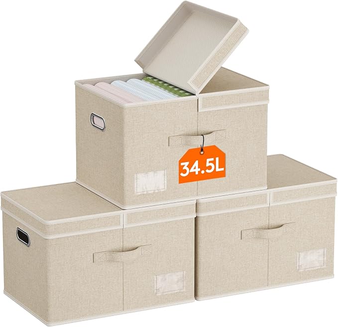 Lifewit Fabric Foldable Storage Bins with Lids and Handles,34.5L,3 Pack