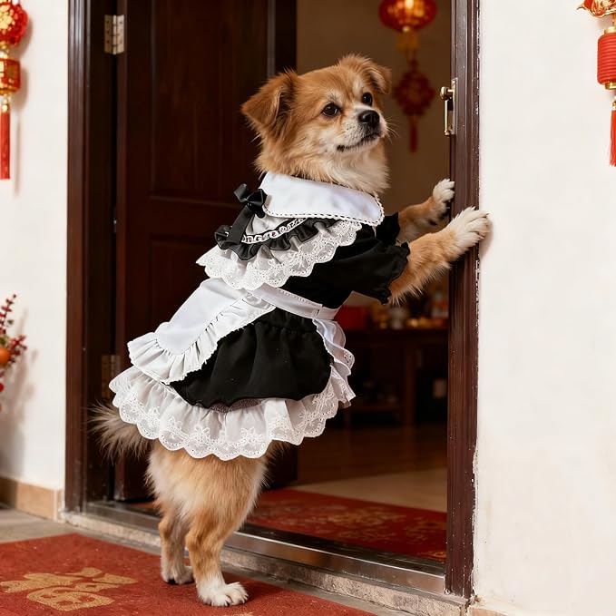 Pet Maid Outfit Cat Princess Dresses Adorable Costume with Headwear for Cats Dogs Birthday Party Black S