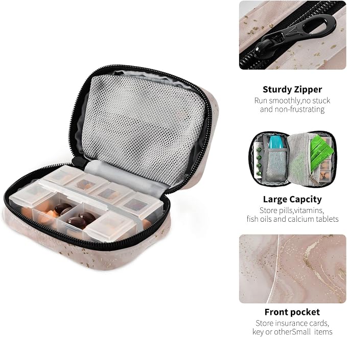 Rose Gold Glitter Marble Pill Case, Weekly Portable Pill Bag Container 7 Days Pill Box Organizer Vitamin Supplement Holder with Zipper for Travel Family Business