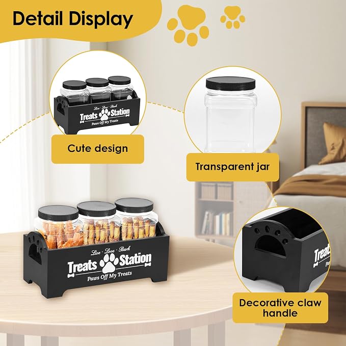 Dog Treat Container With 3 Plastic Jars, Farmhouse Pet Food Storage Organizer for Dogs and Cats (Black)