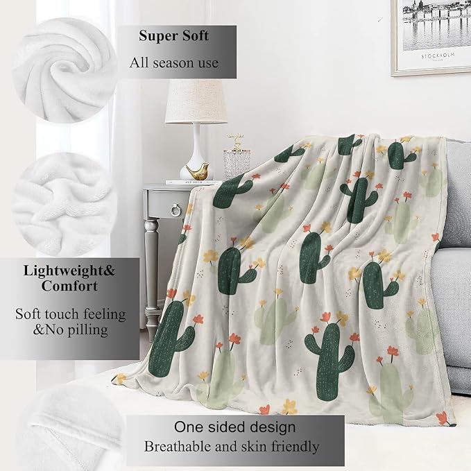 Cactus Blanket,60x80in,Cute Pastel Cacti with Blooming Flower Throw Blankets,Gifts for Kids Girls Women, Lightweight Soft Fleece Cozy,for Sofa Couch Bed Room Travel Southwestern Modern Decor