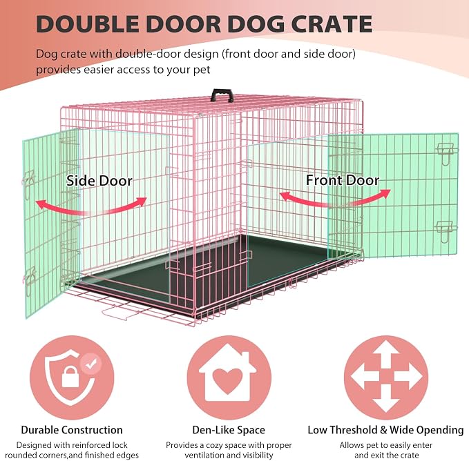 BestPet | Dog Crate | 24" | Pink | Foldable Metal Kennel with Double Doors | Secure Slide-Bolt Latches, Leakproof Tray | Portable Dog Cage for Small Breeds | for Travel, Indoor & Outdoor Use