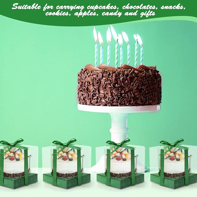 12 PCS Clear Cupcake Boxes 3.5 Inch Cupcake Containers (Green) | Disposable Cupcake Carrier Plastic Individual Cupcake Storage Holder with Ribbons and Inserts for Wedding, Birthday Party