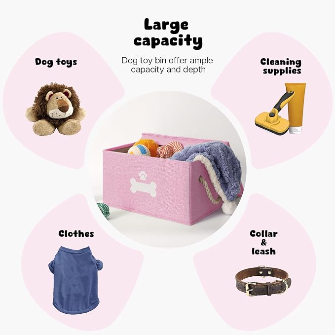 Dog Toy Basket with Lid, Dog Basket for Toys, Dogs Toy Box with Cotton Rope Handles, Collapsible Storage Bins for Pet Toys, Dogs Storage Organizer, Pink