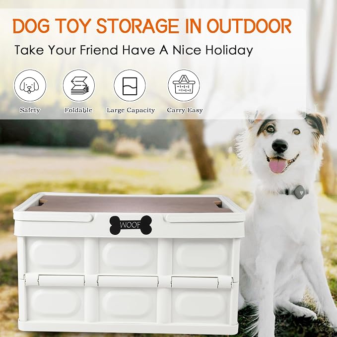 Morezi Outdoor dog toy bin chew proof box storage in plastic foldable designed dog stuff organizer great for pet food organizing toys leashes clothing in outside cream