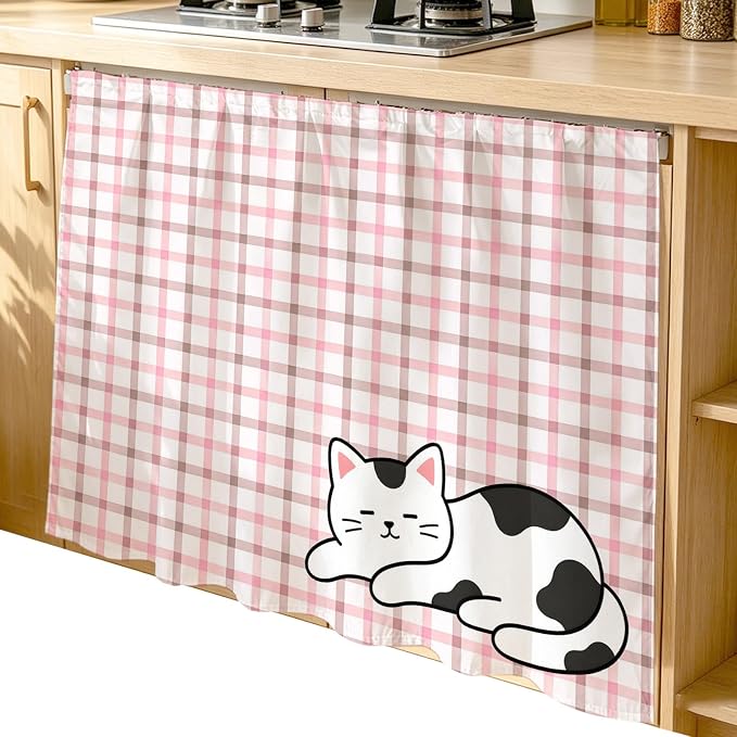 Cute Cat Cabinet Dishwasher Hidden Curtains, Privacy Closet Door Curtain, Pink Brown Checked Modern Pet Cats Rustic Adhesive Dust Proof Under Sink Skirt for Bathroom Kitchen 35"x35"